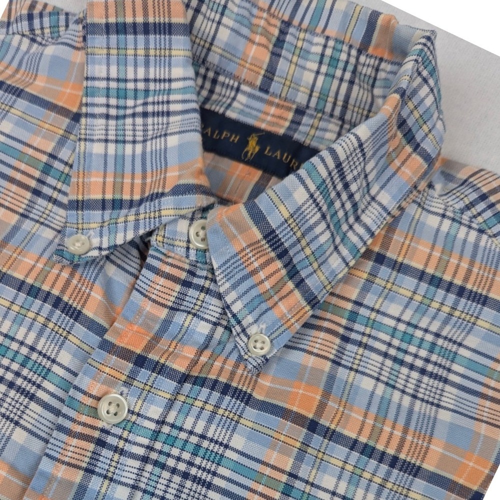 Ralph Lauren Mens Medium Blue Orange Plaid Cotton Button Down Shirt Long Sleeve